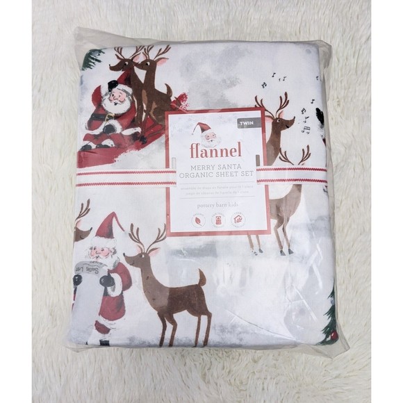 Pottery Barn Kids Merry Santa Twin Sheet Set Christmas Organic Cotton NEW - Picture 1 of 4